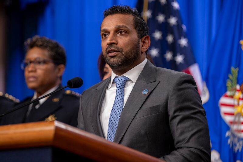 FBI Director Kash Patel speaks during a news conference at the Department of Justice to discuss the arrest of man in connection with pipe bombs placed near the Democratic and Republican party headquarters on the eve of the January 6, 2021 US Capitol riot, in Washington, DC, on December 4, 2025.