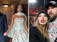 Attendees at Taylor Swift and Travis Kelce's wedding; the couple on the right.