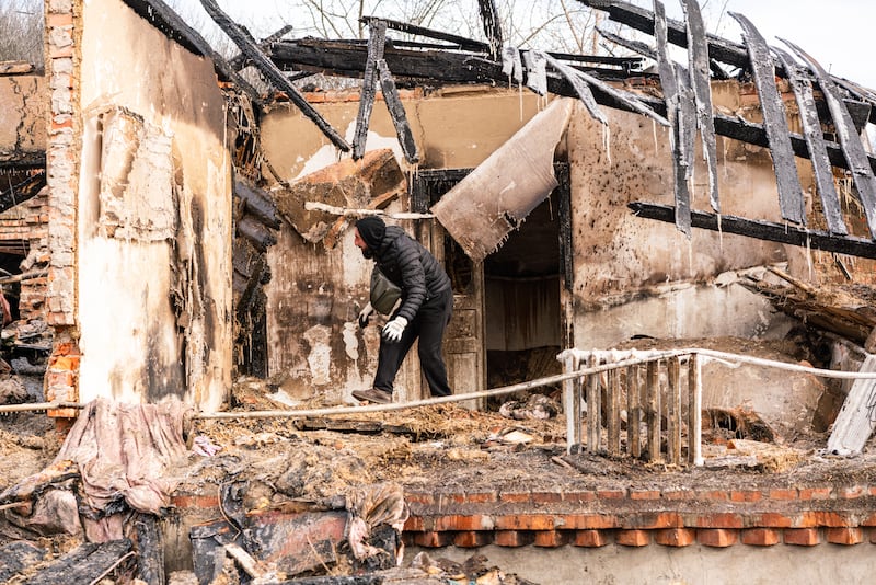 BOHODUKHIV, UKRAINE - FEBRUARY 11: Damaged buildings and debris are seen after a drone attack in the city of Bohodukhiv in the Kharkiv region that killed four people, including three children, in Bohodukhiv, Ukraine, on February 11, 2026. (Photo by Carlo Bravo/Anadolu via Getty Images)