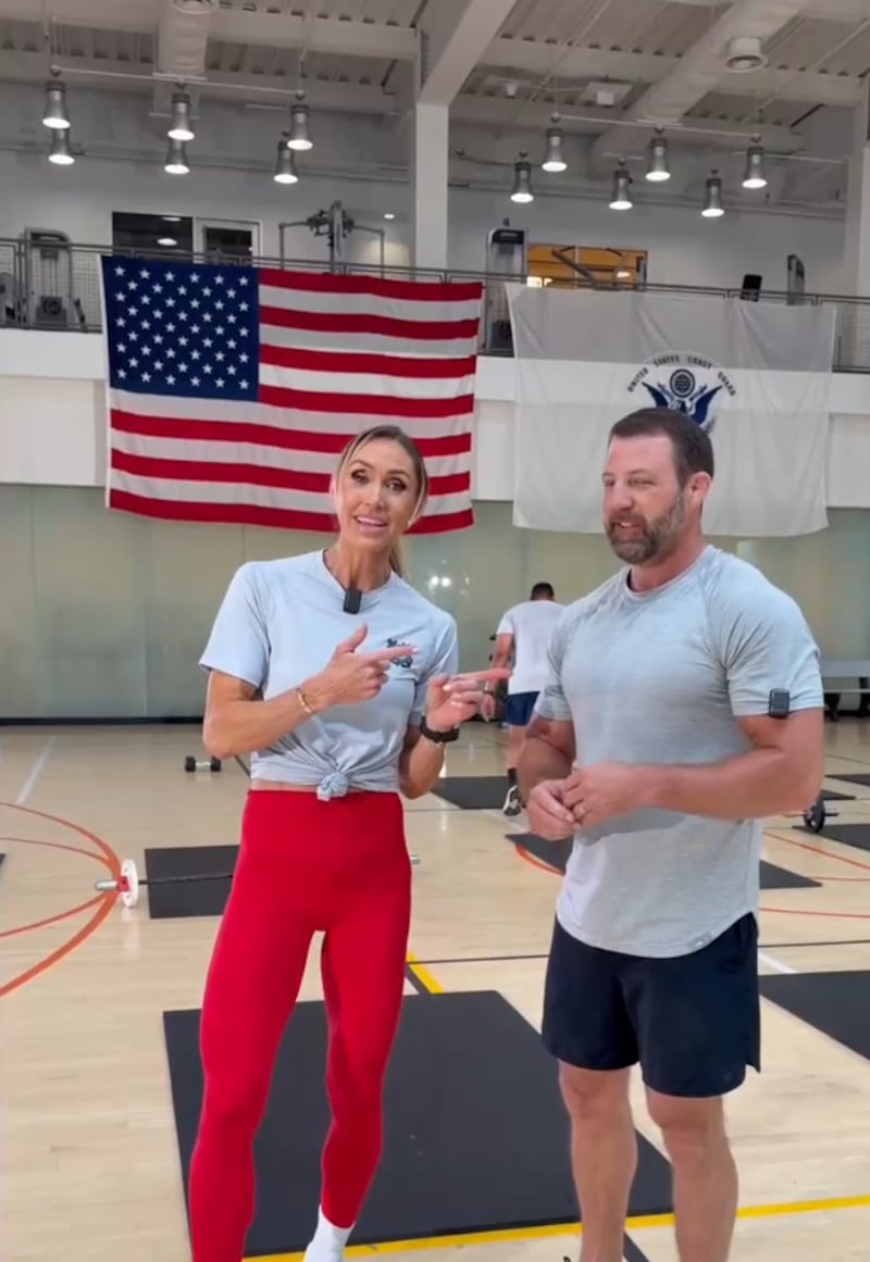Lara Trump and Homeland Security Secretary Markwayne Mullin at a Coast Guard gym during a filmed workout for her Fox News show.