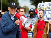 U.S. President Joe Biden joins striking members of the United Auto Workers (UAW) on the picket line