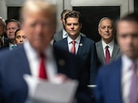 Former US Rep. Matt Gaetz (R-FL) arrives at Manhattan Criminal Court on May 16, 2024 in New York City and looks on at President-elect Donald Trump.