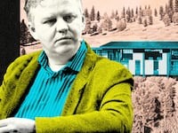 An illustration of Cloudflare billionaire Matthew Prince in front of a rendering of his proposed Park City mansion.