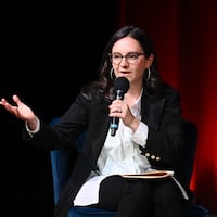 NEW YORK, NEW YORK - NOVEMBER 19: Bari Weiss speaks onstage during Book Club Event With Peggy Noonan on November 19, 2024 in New York City. (Photo by Noam Galai/Getty Images for The Free Press)