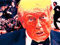 A photo illustration illo of Donald Trump and the White House Correspondents' Dinner Shooting.