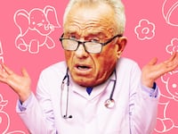 A photo illustration of RFK Jr. as a doctor with children's drawings.