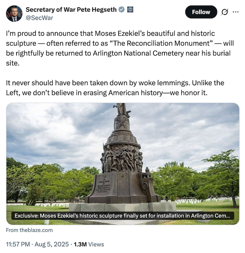 Pete Hegseth announces the Confederate Memorial's return in an X.com post.