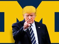 An illustration including a photo of former U.S. President Donald Trump and the Michigan sports logo