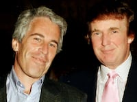 Portrait of American financier Jeffrey Epstein (left) and real estate developer Donald Trump as they pose together at the Mar-a-Lago estate, Palm Beach, Florida, 1997.(Photo by Davidoff Studios/Getty Images)