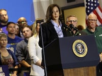 Democratic presidential nominee and U.S. Vice President Kamala Harris speaks on stage during a Labor Day campaign event, at IBEW Local Union 5 in Pittsburgh, Pennsylvania, U.S., September 2, 2024.