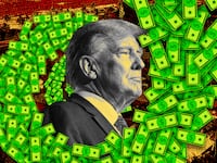 A photo illustration of former President Donald Trump and money swirling around him.