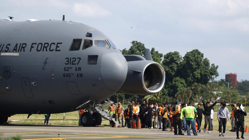 A U.S. Air Force flight deporting immigrants arrives in Honduras on January 31, 2025.