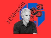 A photo illustration of Jeffrey Epstein and JPMorgan Chase logos.