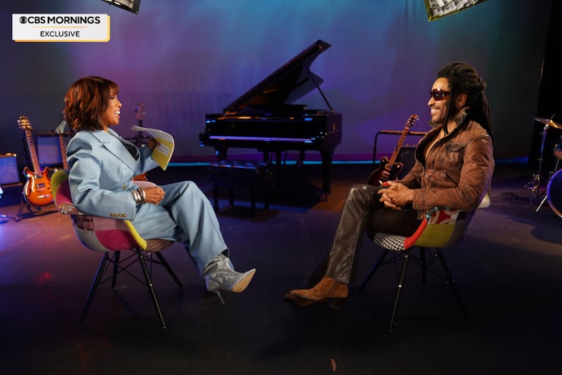 NEW YORK CITY - MAY 23: "CBS Mornings" co-host Gayle King spoke with singer-songwriter and actor Lenny Kravitz on May 23, 2024. Pictured (L-R): Gayle King and Lenny Kravitz. (Photo by Alicia Alford/CBS via Getty Images)