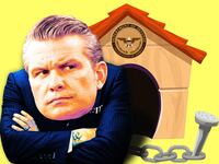 A photo illo illustration of Pete Hegseth in a dog house.