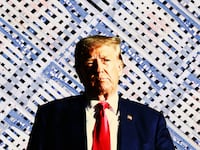 A photo illustration of Donald Trump over shredded Social Security cards.