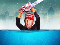 A photo illustration of President Donald Trump waving a chain saw while in flood waters.