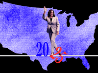 Kamala Harris walking and tipping over the 2025 in Project 2025.