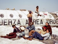A photo including a still from the film Society of the Snow on Netflix