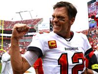 Tampa Bay Buccaneers quarterback Tom Brady gets pumped up prior to the game against the Carolina Panthers at Raymond James Stadium.