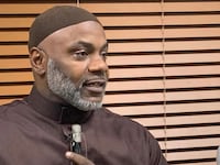 Imam Hassan Sharif speaks during an event at Masjid Muhammed-Newark in 2023