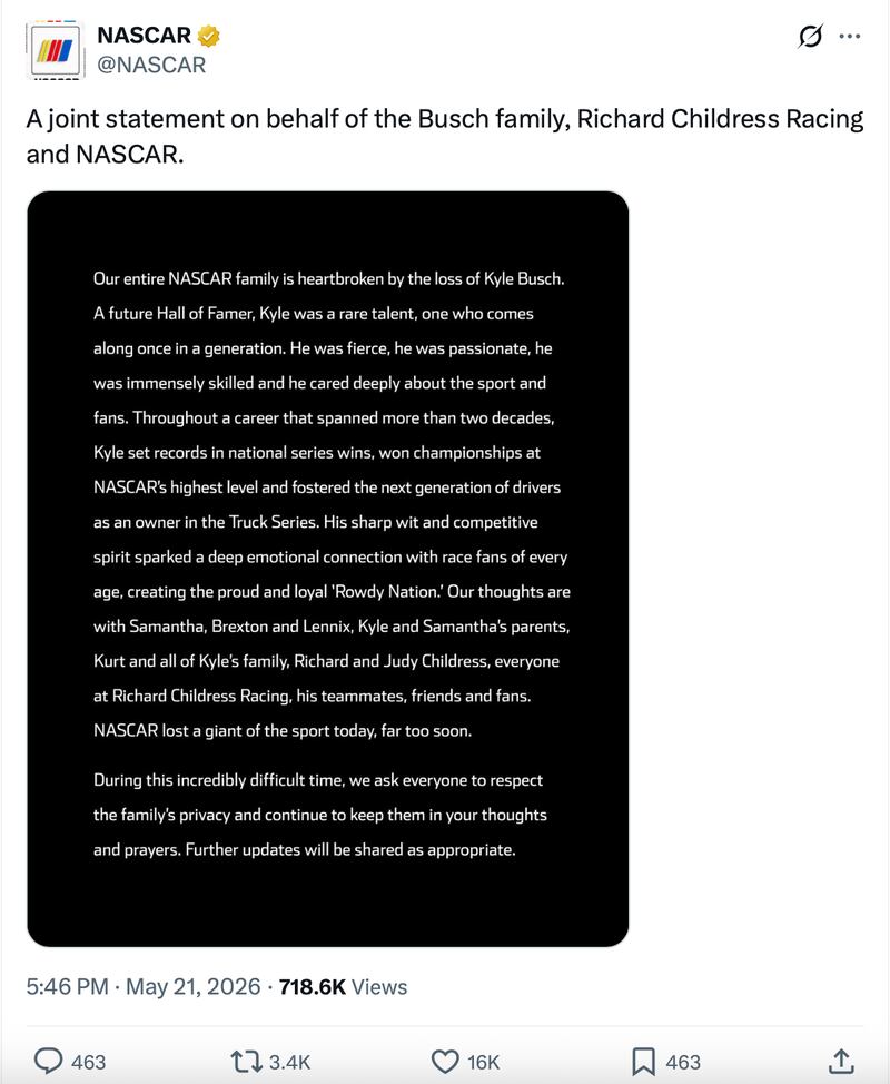 Statement from NASCAR, Richard Childress Racing, and Busch's family