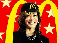 Kamala Harris with a McDonald's Hat in front of the Golden Arches.