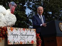 Joe Biden pardons the National Thanksgiving Turkey, Liberty, during the annual ceremony on the South Lawn at the White House