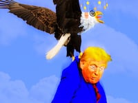 A photo illustration of Donald Trump and a Bald Eagle in the sky.