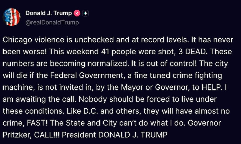 Screengrab of Trump's Truth Social post.