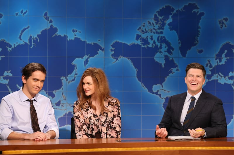 Andrew Dismukes, Ashley Padilla, and anchor Colin Jost during Weekend Update on Saturday, November 1, 2025.