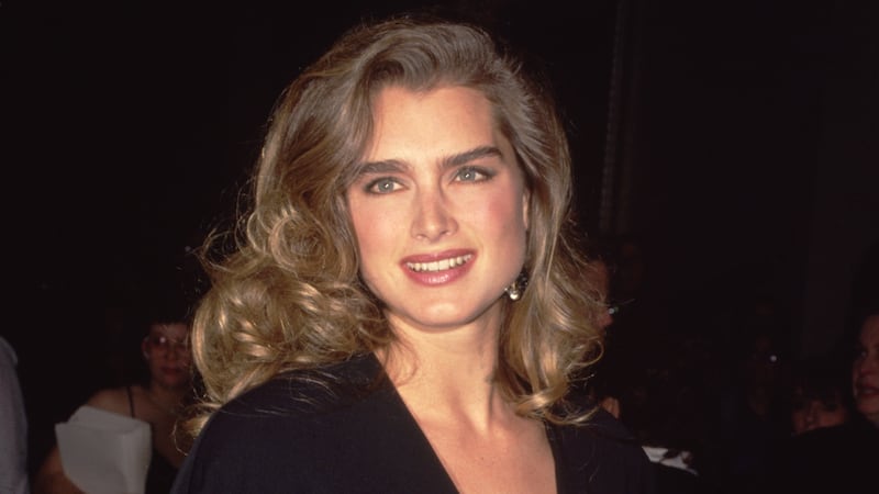 Brooke Shields is pictured at a red carpet event in a black dress with a small golden brooch in 1995.