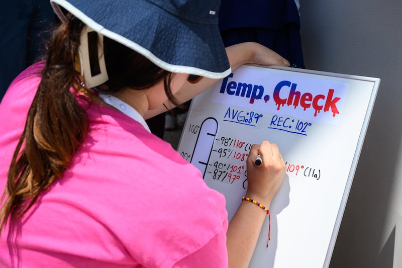 A person records the extreme heat at the Great American State Fair as temperatures reach above 100 degrees Fahrenheit on the National Mall on July 03, 2026 in Washington, DC.