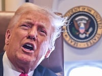 US President Donald Trump speaks to the press before signing a proclamation renaming the Gulf of Mexico as the Gulf of America aboard Air Force One enroute to New Orleans, Louisiana on Febrary 09, 2025. For years, as disputes over names on the map riled up nationalist passions in several parts of the world, US policymakers have watched warily, trying to stay out or to quietly encourage peace. Suddenly, the United States has gone from a reluctant arbiter to a nomenclature belligerent, as President Donald Trump declared that the Gulf of Mexico will henceforth be called the "Gulf of America." In an executive order signed hours after he returned to the White House, Trump called the water body an "indelible part of America" critical to US oil production and fishing and "a favorite destination for American tourism and recreation activities." (Photo by ROBERTO SCHMIDT / AFP) (Photo by ROBERTO SCHMIDT/AFP via Getty Images)