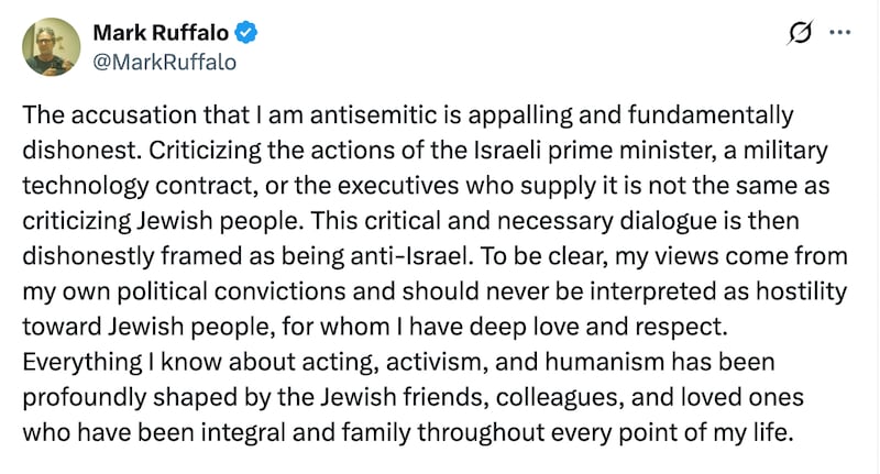 Mark Ruffalo responds to accusations of antisemitism.
