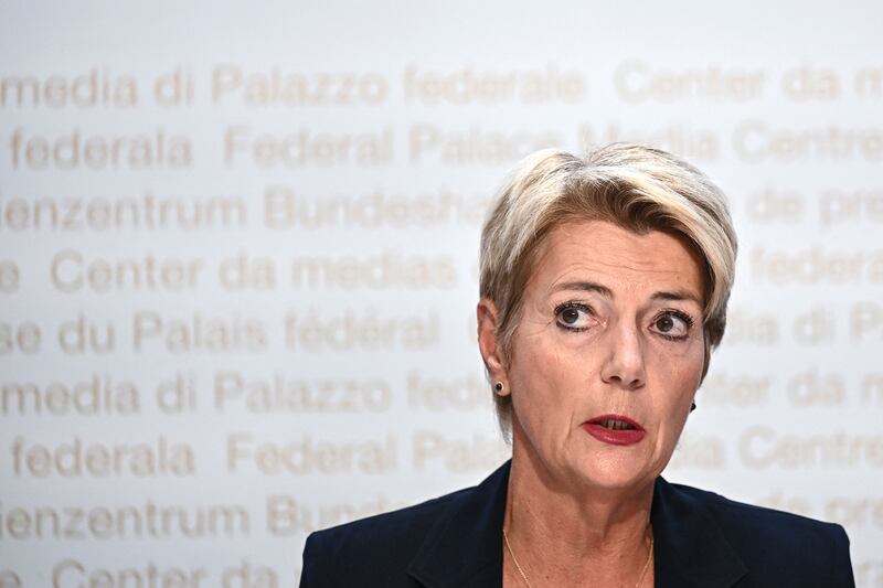 Swiss President Karin Keller-Sutter speaks during a press conference following an extraordinary meeting after Swiss government failed to convince the US government not to impose 39 percent tariffs on Swiss goods, in Bern on Aug. 7, 2025.