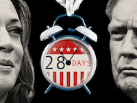 Illustration of Kamala Harris and Donald Trump with a countdown clock