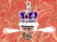 Photo illustration of King Charles III with steam coming out of his ears on marble paper