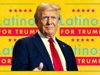 A photo illustration of Donald Trump and Latinos For Trump signage.