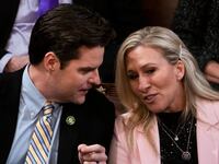 Rep. Marjorie Taylor Greene, R-Ga., and Rep. Matt Gaetz, R-Fla., are seen on the House floor on Thursday, January 5, 2023.