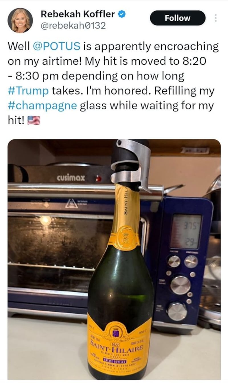 Koffler's deleted post, which reads: "Well @POTUS is apparently on my airtime! My hit is moved to 8:20 - 8:30 pm depending on how long #Trump takes. I'm honored. Refilling my #champagne glass while waiting for my hit!"