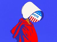 Illustration of a Handmaid’s Tale woman with a vote pin instead of face.