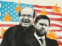 Antonin Scalia and JD Vance in front of a distressed and burnt American flag with flames on it