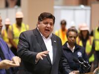 J.B. Pritzker speaks from the podium.