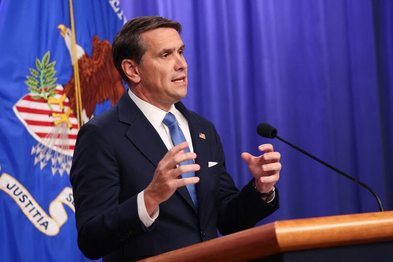U.S. Deputy Attorney General Todd Blanche speaks during a press conference at the US Department of justice on January 30, 2026 in Washington, DC.