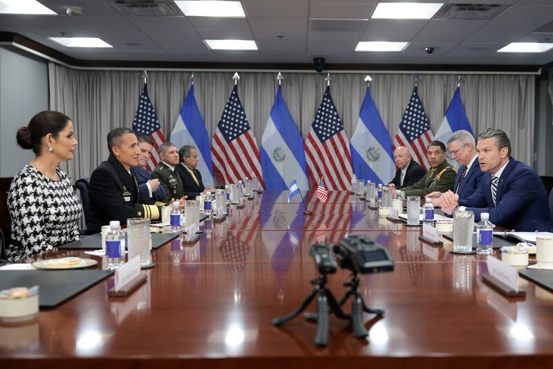 ARLINGTON, VIRGINIA - APRIL 16: U.S. Secretary of Defense Pete Hegseth (R) speaks during a meeting with El Salvador Minister of National Defense René Merino Monroy (L) at the Pentagon on April 16, 2025 in Arlington, Virginia. The meeting comes following the illegal deportation by the Trump administration of Kilmar Armando Abrego Garcia, a Maryland man who has been held in prison in El Salvador since March 15. (Photo by Kayla Bartkowski/Getty Images)