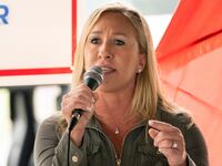 "Republican U.S. House candidate Marjorie Taylor Greene speaks at a news conference in Dallas, Georgia.