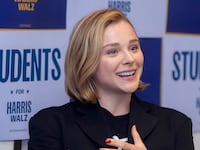 Chloë Grace Moretz speaks at Emory University to rally young voters for Harris-Walz on October 04, 2024 in Atlanta, Georgia.