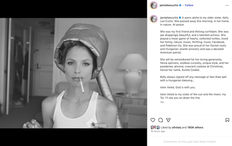 A black and white photo of Kelly Curtis, posted to Instagram by her sister, Jamie Lee Curtis.