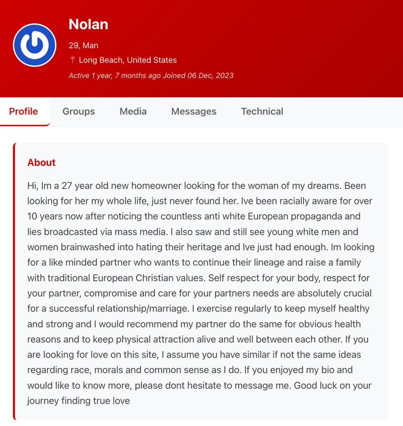 A profile of one of the many American far-right would-be daters.